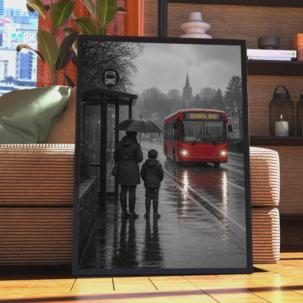 Rainy Day School Bus Stop Poster, Mother Child Umbrella, British Street Scene (Print)