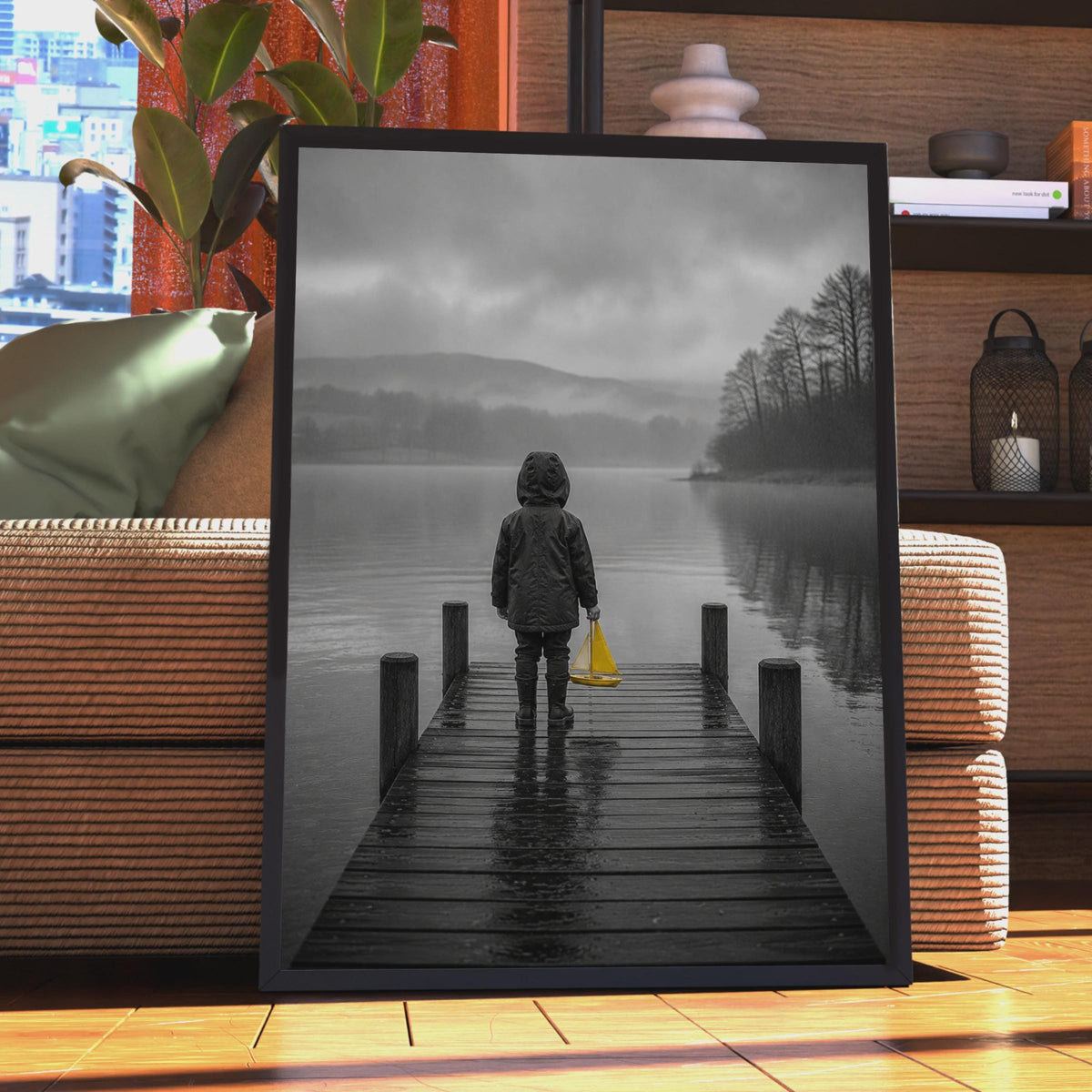 Child on Jetty Yellow Sailboat Poster, Moody Lake Art, Selective Colour Pop (Print)