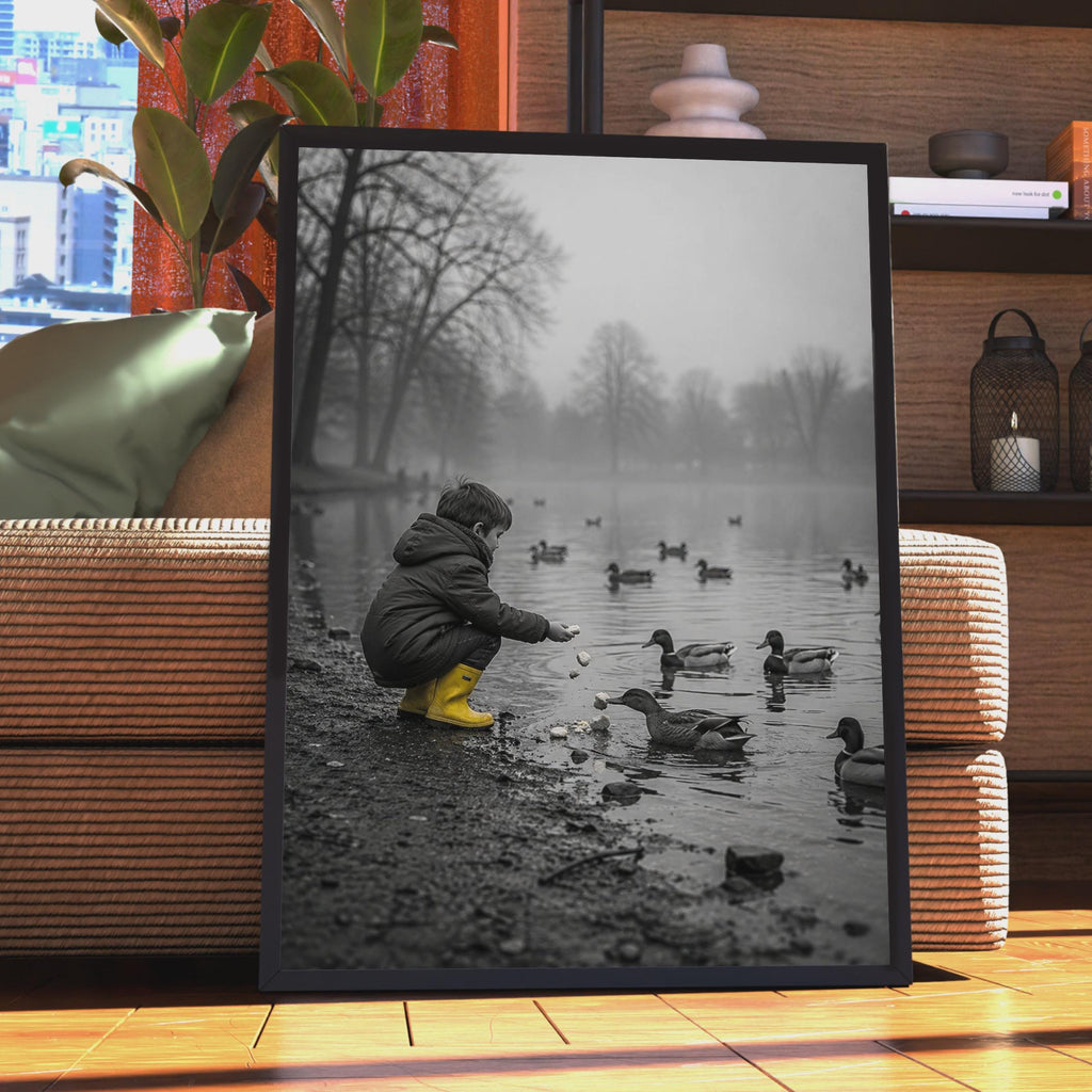 Child Feeding Ducks Poster, Black White Yellow Art, Misty Park Lake Print