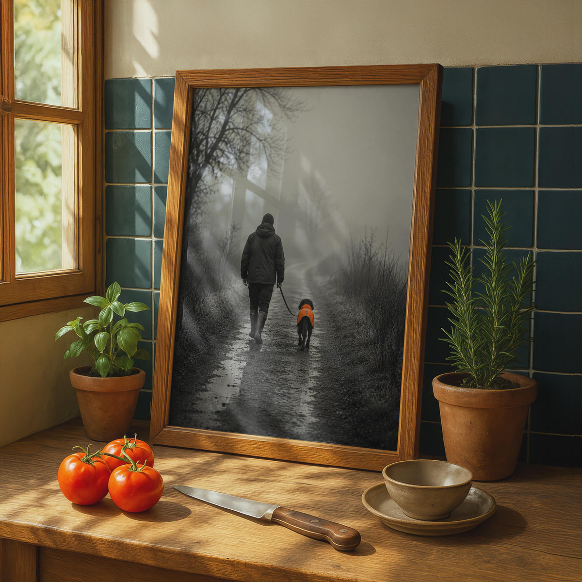 Misty Country Path Dog Walk Poster, Moody Rural Countryside Art