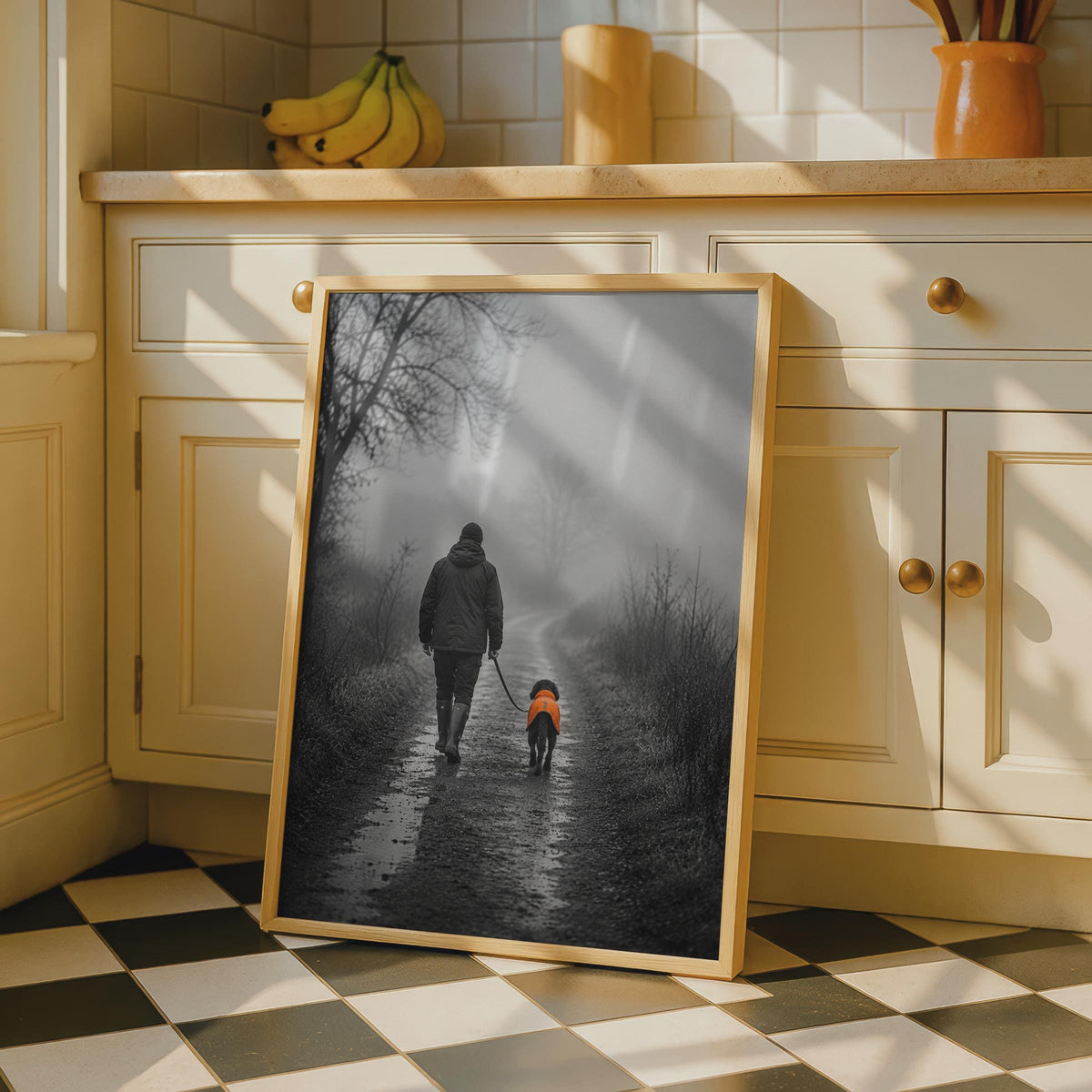 Misty Country Path Dog Walk Poster, Moody Rural Countryside Art