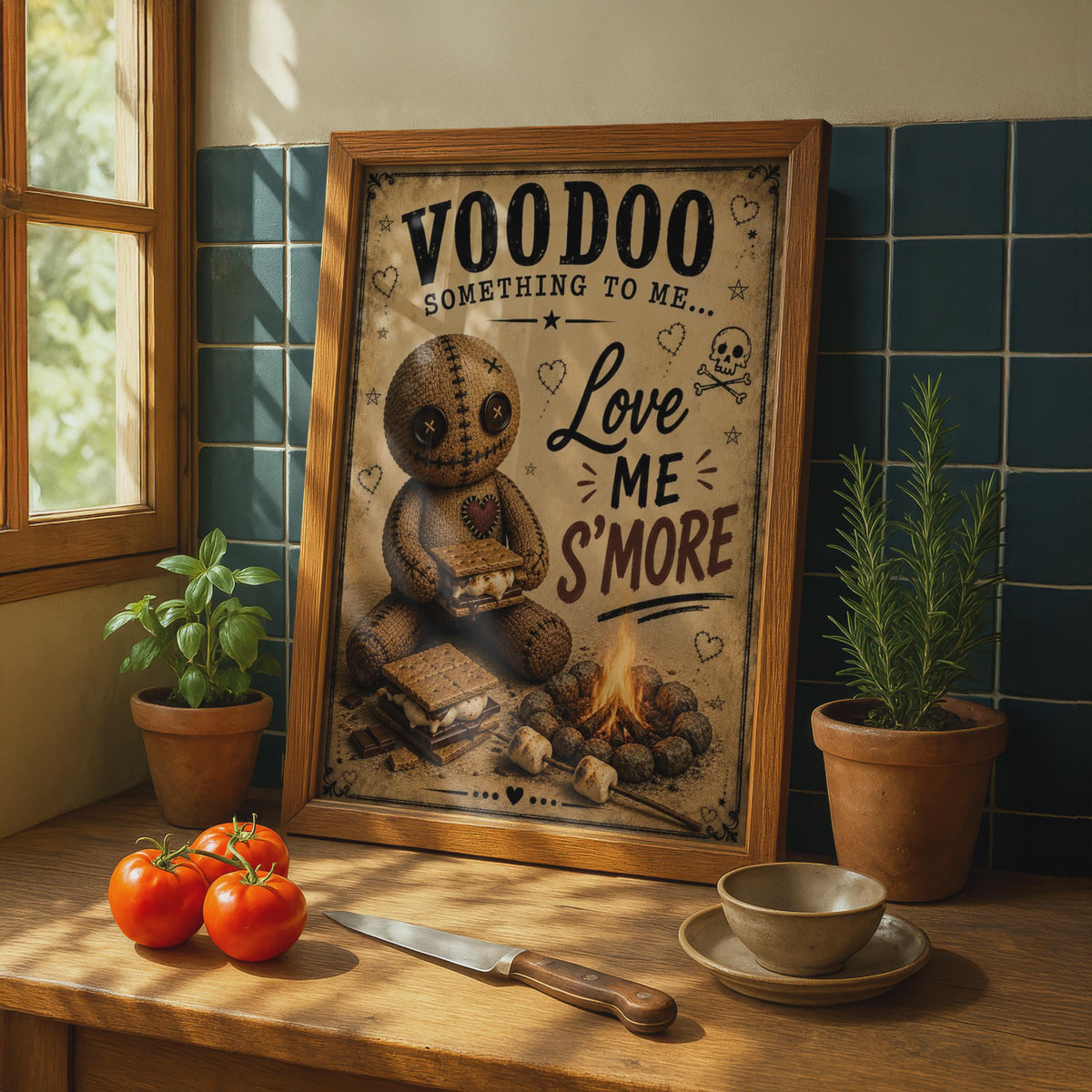 Voodoo Doll S'mores Funny Poster, Gothic Humour Wall Art, Quirky Halloween Kitchen Decor