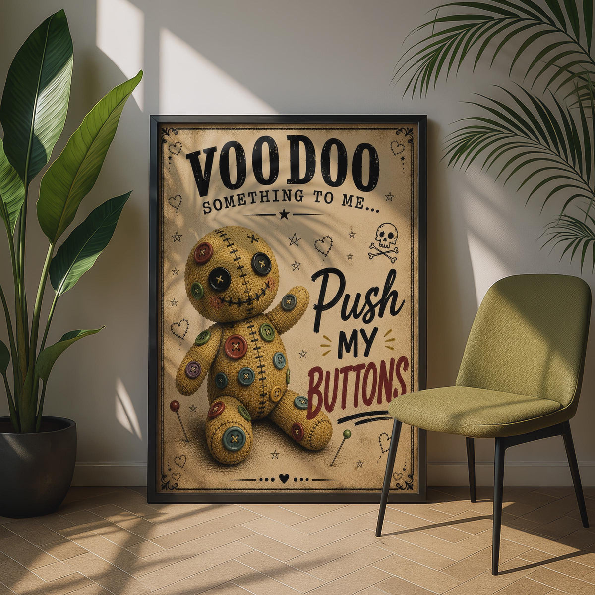 Voodoo Doll Funny Quote Poster, Push My Buttons Humour Wall Art, Gothic Gift
