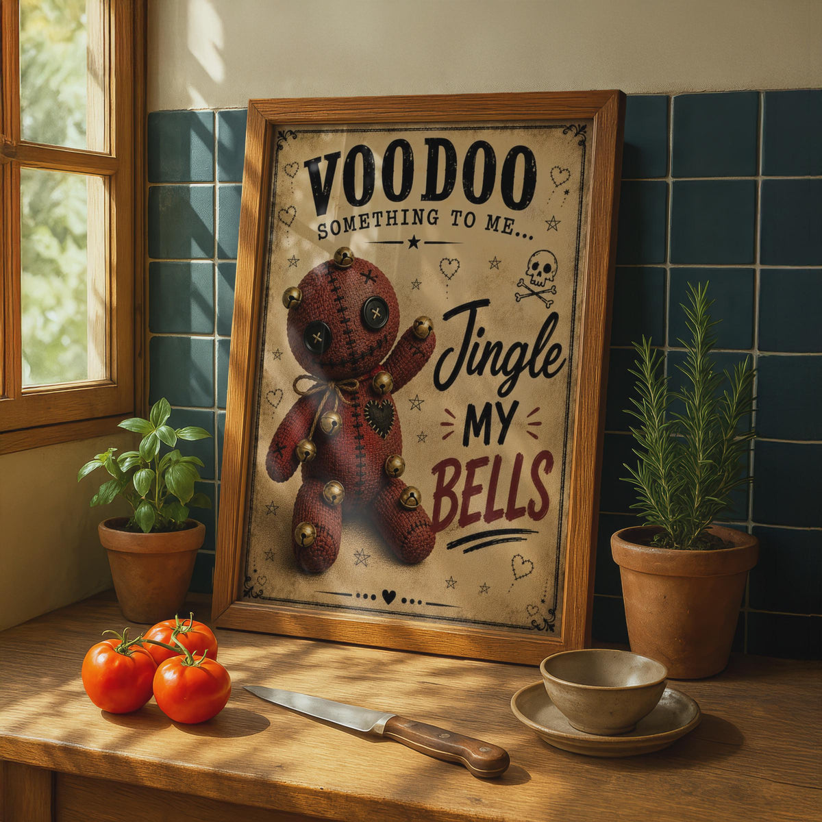 Voodoo Doll Jingle Bells Funny Christmas Poster, Gothic Humour Wall Art Print