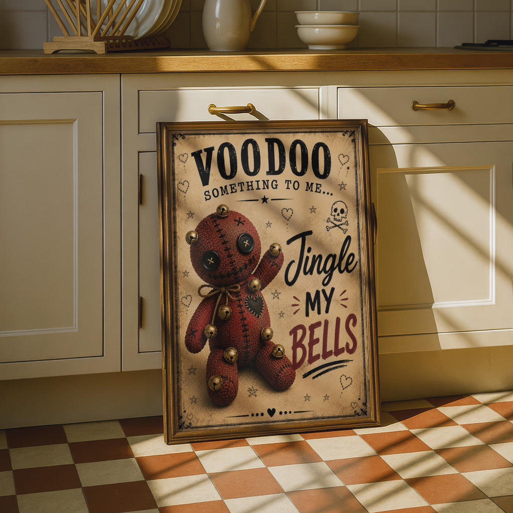 Voodoo Doll Jingle Bells Funny Christmas Poster, Gothic Humour Wall Art Print