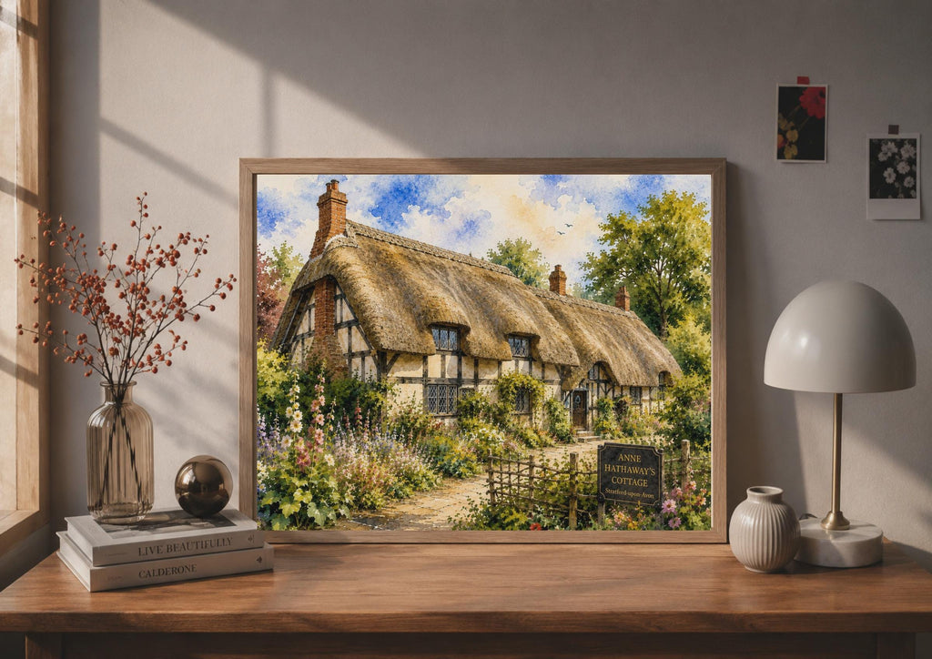 Anne Hathaway's Cottage Poster, Stratford-upon-Avon Watercolour, English Thatched Cottage Wall Art
