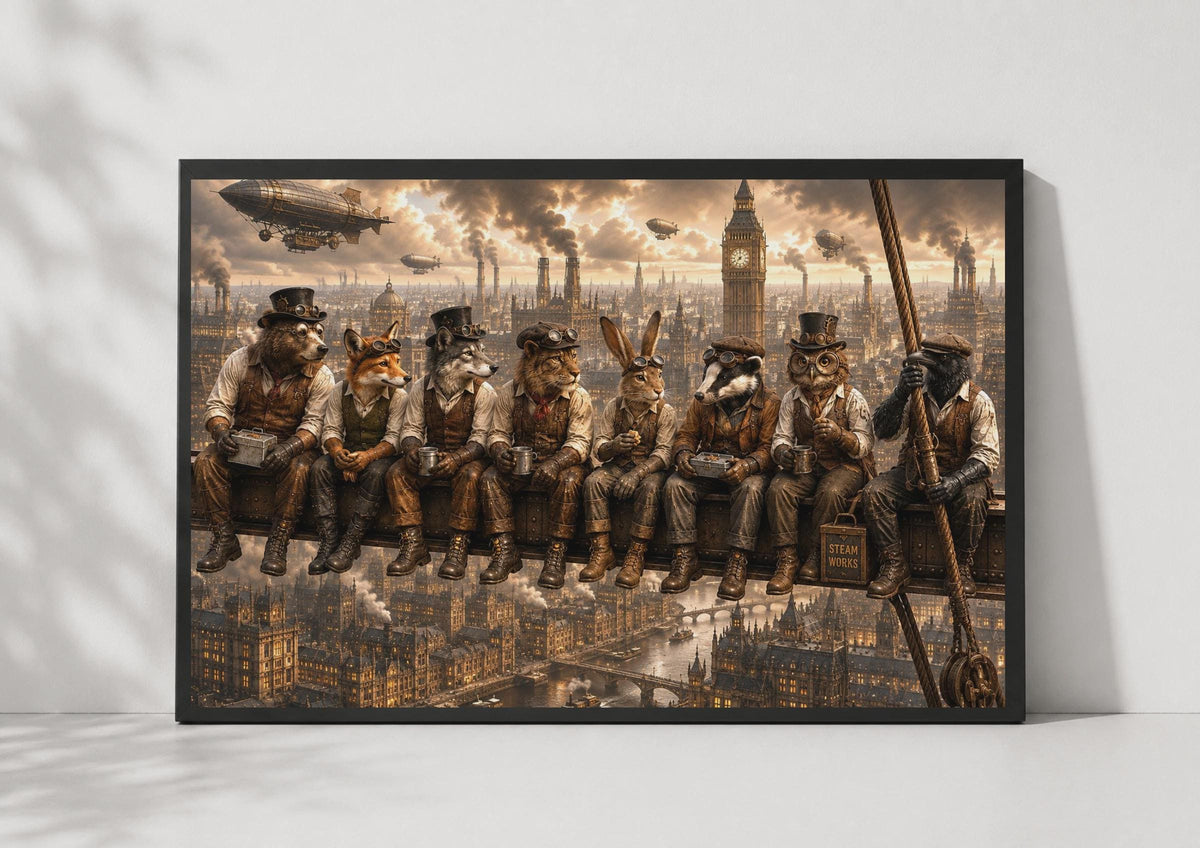 Steampunk Animal Workers London Skyline Poster, Big Ben Zeppelin Fantasy Wall Art