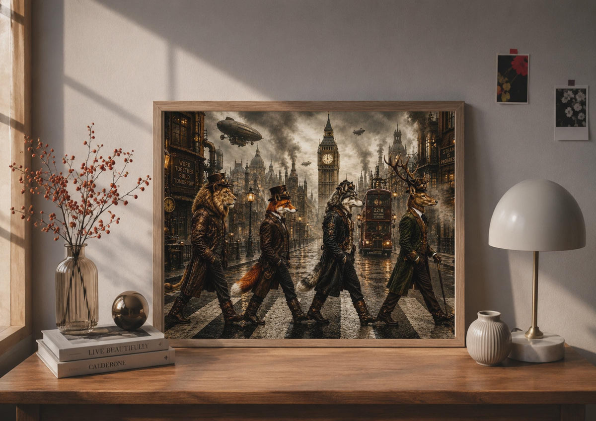 Steampunk Animal London Crossing Poster, Victorian Fantasy Wall Art, Big Ben