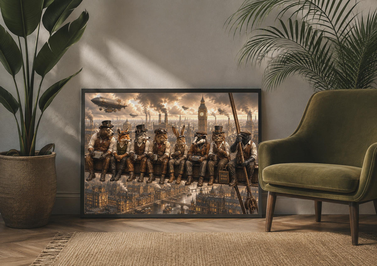 Steampunk Animal Workers London Skyline Poster, Big Ben Zeppelin Fantasy Wall Art