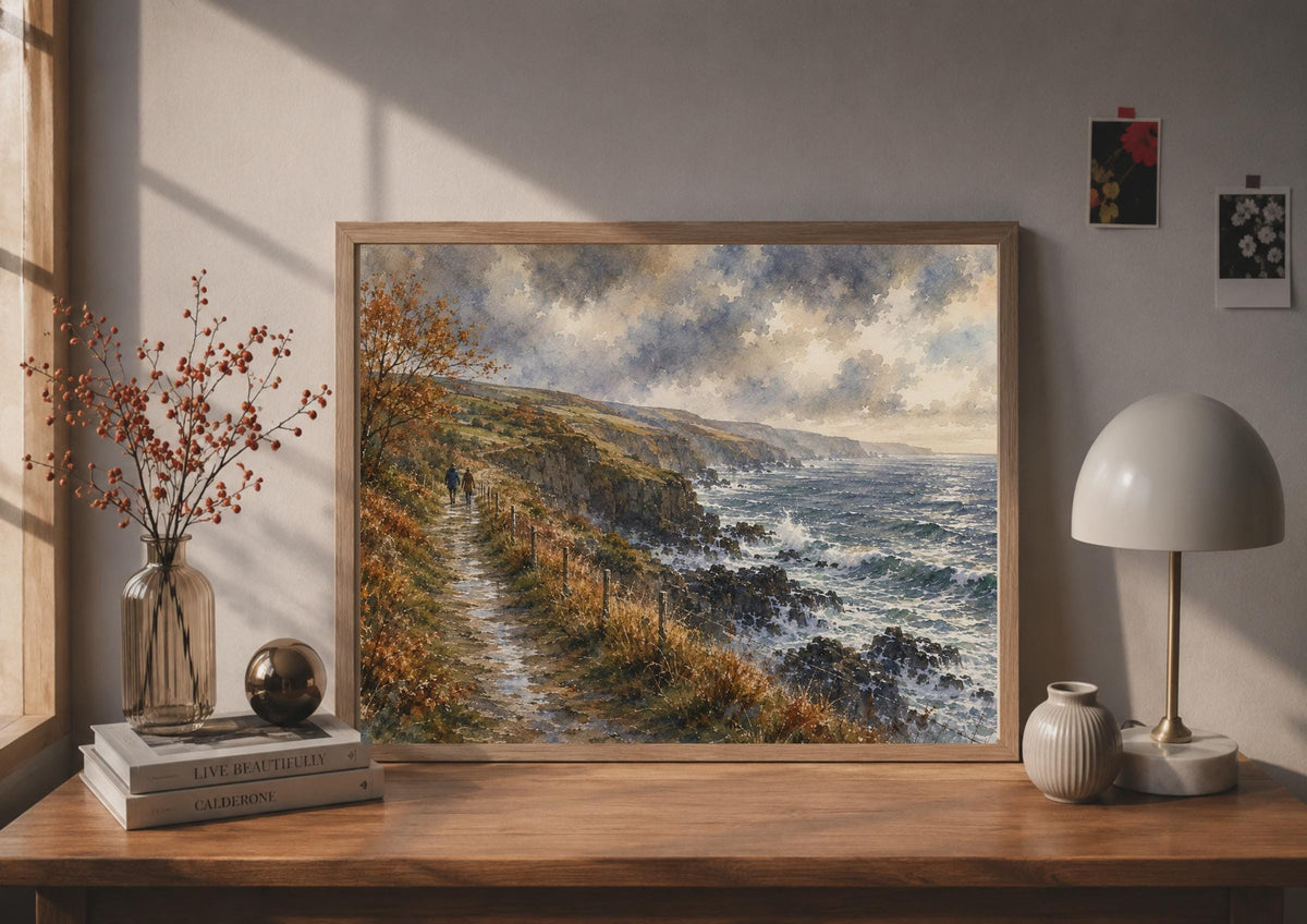 Coastal Cliff Walk Watercolour Poster, Stormy Seascape, Autumn Coast Path (Print)