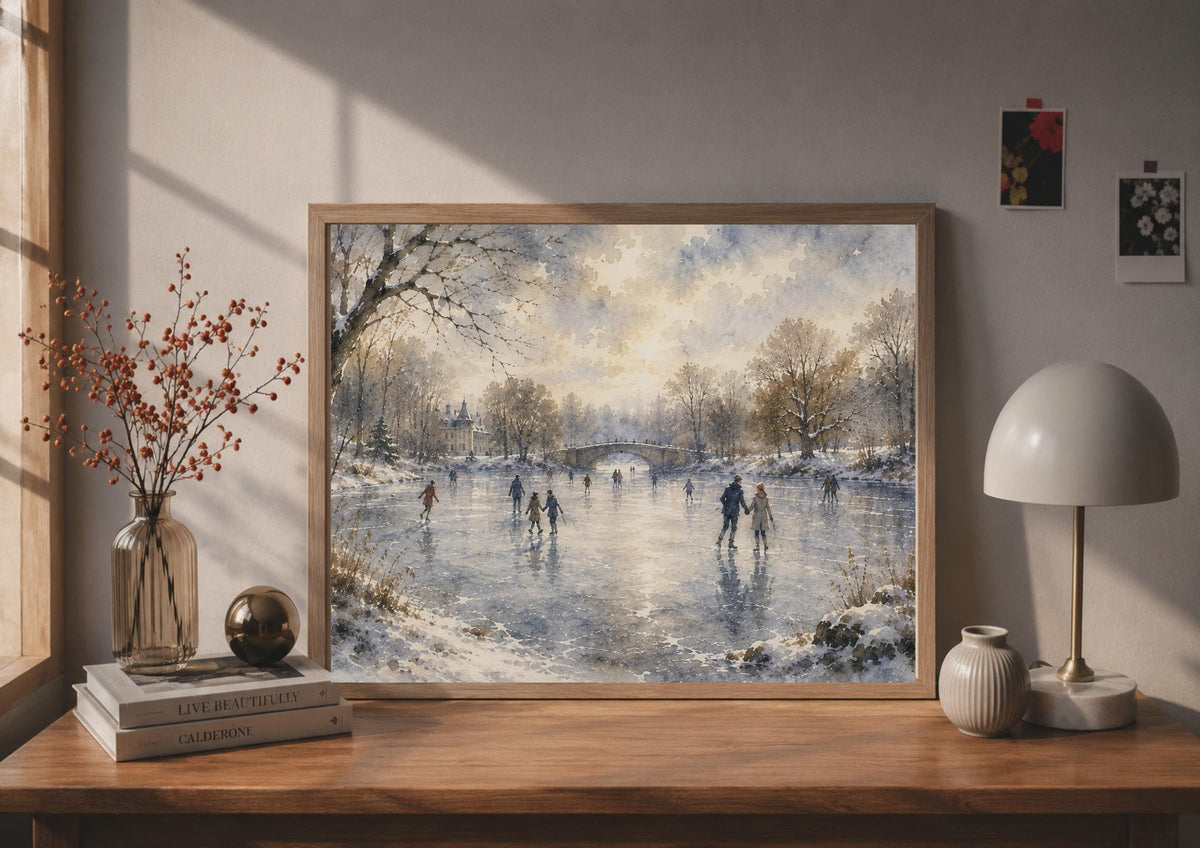 Winter Ice Skating Watercolour Poster, Frozen Lake Scene, Vintage Style Wall Art (Printed)