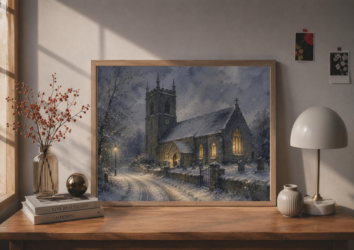 Moody Gothic Church Watercolour Poster, Snowy Village Night Scene (Print)