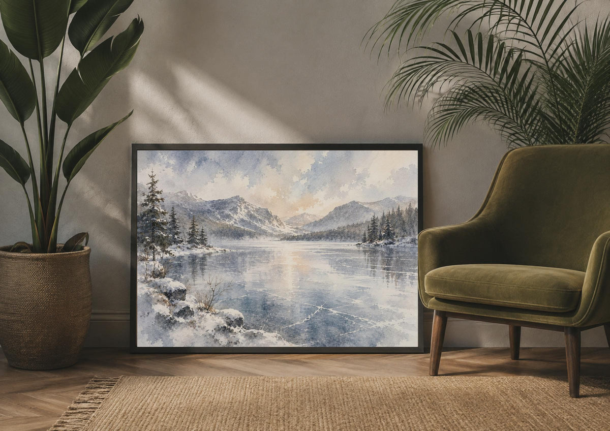 Winter Frozen Lake Watercolour Poster, Snowy Mountain Landscape, Pine Trees Nature Print (Wall Art)