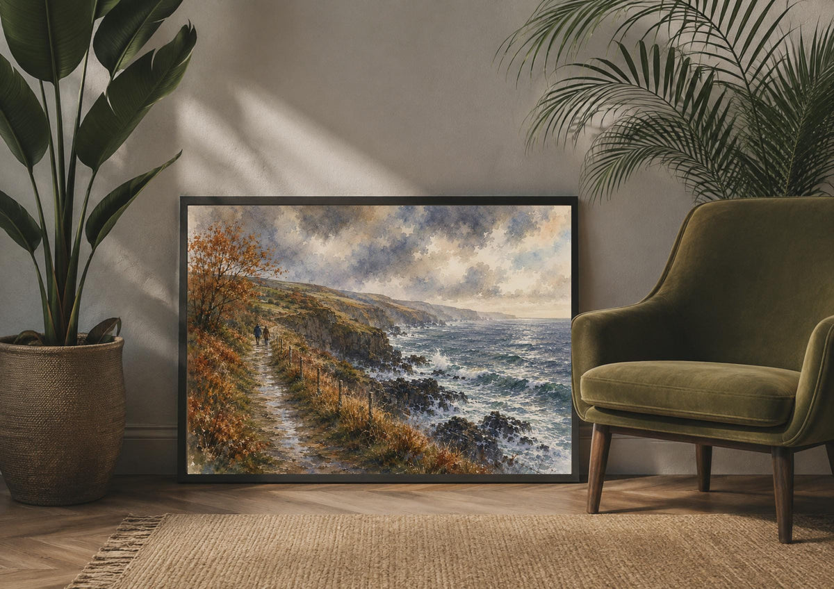 Coastal Cliff Walk Watercolour Poster, Stormy Seascape, Autumn Coast Path (Print)