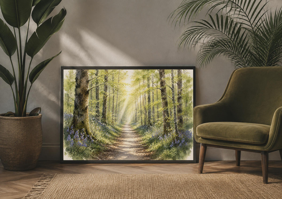 Bluebell Woodland Path Watercolour Poster, Spring Nature Wall Art (Print)