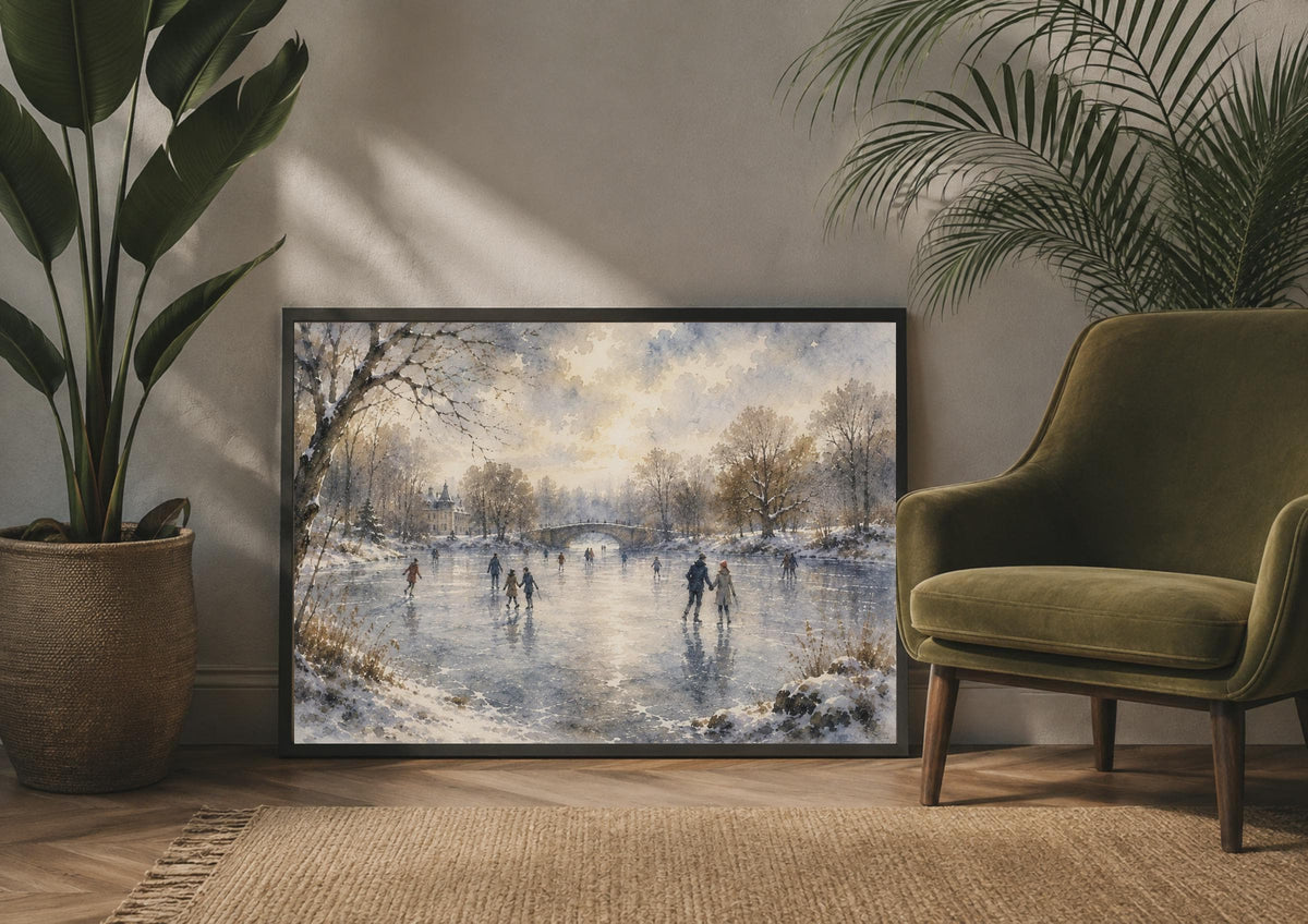 Winter Ice Skating Watercolour Poster, Frozen Lake Scene, Vintage Style Wall Art (Printed)