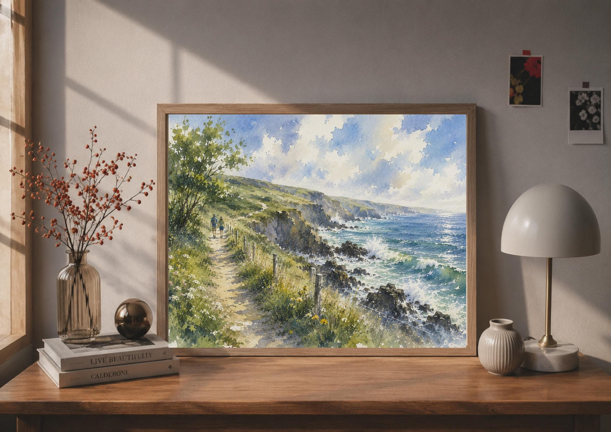 Coastal Path Walk Watercolour Poster, Couple Clifftop Sea View, British Coastline Wall Art (Print)