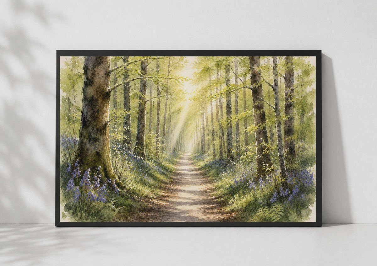 Bluebell Woodland Path Watercolour Poster, Spring Nature Wall Art (Print)
