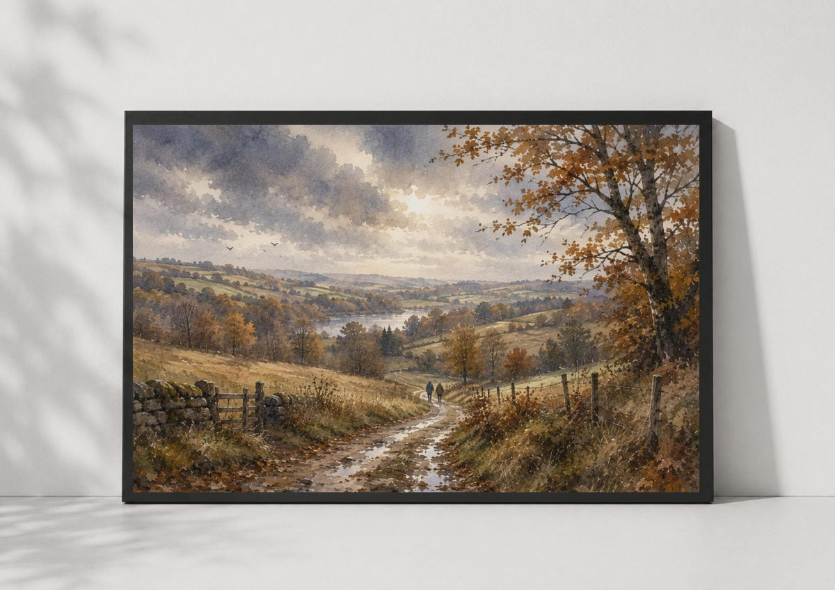 Autumn Countryside Watercolour Poster, Rolling Hills, Lake View, Rustic British Landscape Art