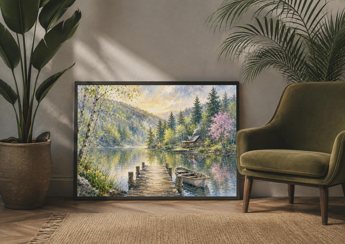 Watercolour Lake Cabin Poster, Rustic Lakeside Dock Boat, Countryside Home Decor