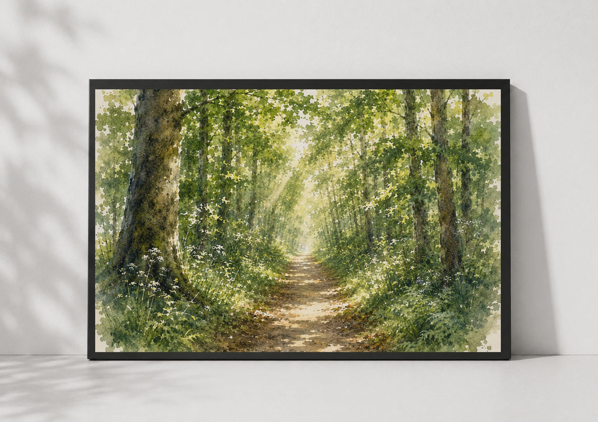 Sunlit Woodland Path Watercolour Poster, Green Forest Walk, Nature Wall Art