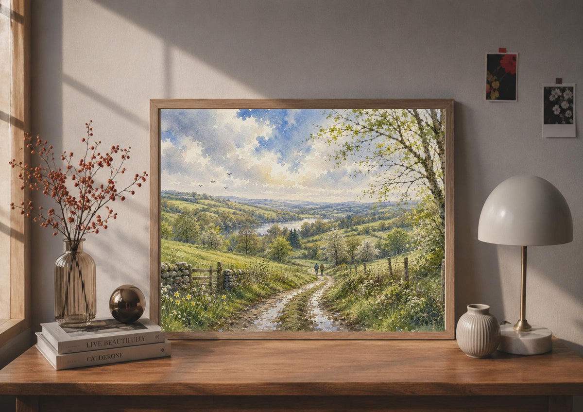 English Countryside Watercolour Poster, Rolling Hills, Couple Walking (Print)