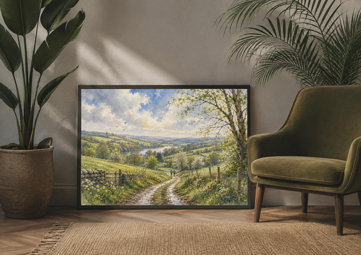 English Countryside Watercolour Poster, Rolling Hills, Couple Walking (Print)
