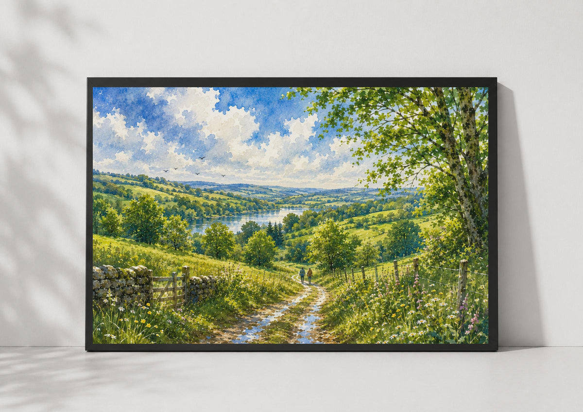 English Countryside Watercolour Poster, Rolling Hills Lake View, Green Fields Nature Print