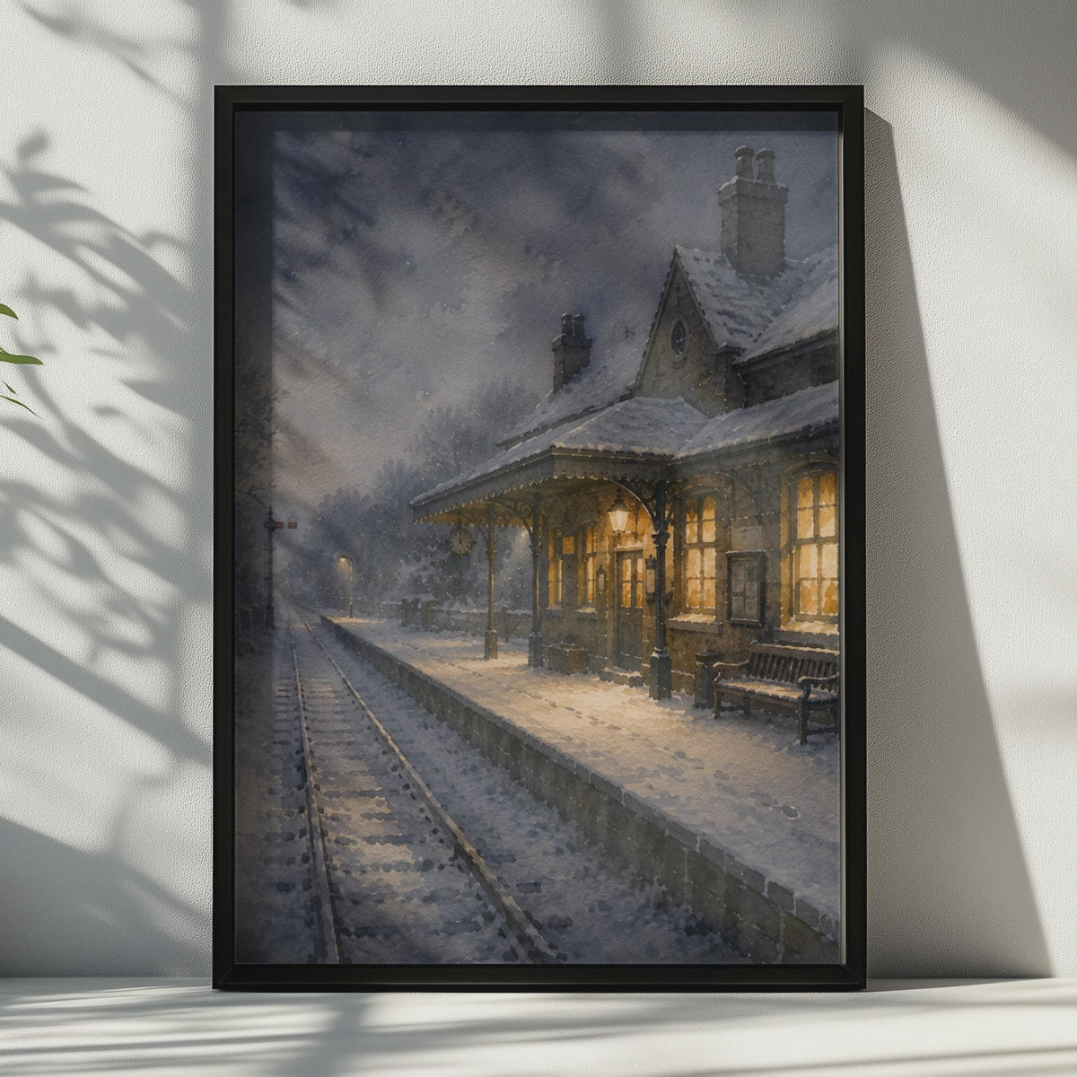 Victorian Railway Station Poster, Snowy Night Scene, Watercolour Style Wall Art