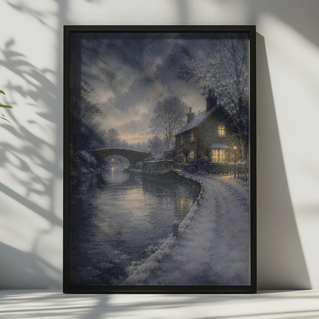 Winter Canal Narrowboat Watercolour Poster, Snowy Cottage Night Scene, English Countryside Wall Art