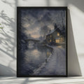 Winter Canal Narrowboat Watercolour Poster, Snowy Cottage Night Scene, English Countryside Wall Art