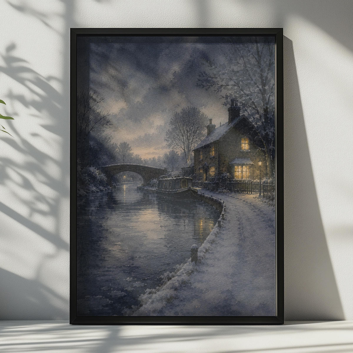 Winter Canal Narrowboat Watercolour Poster, Snowy Cottage Night Scene, English Countryside Wall Art