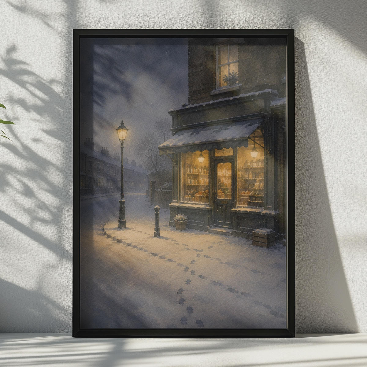 Victorian Winter Street Scene Poster, Snowy Corner Shop Watercolour Art (Living Room Decor)