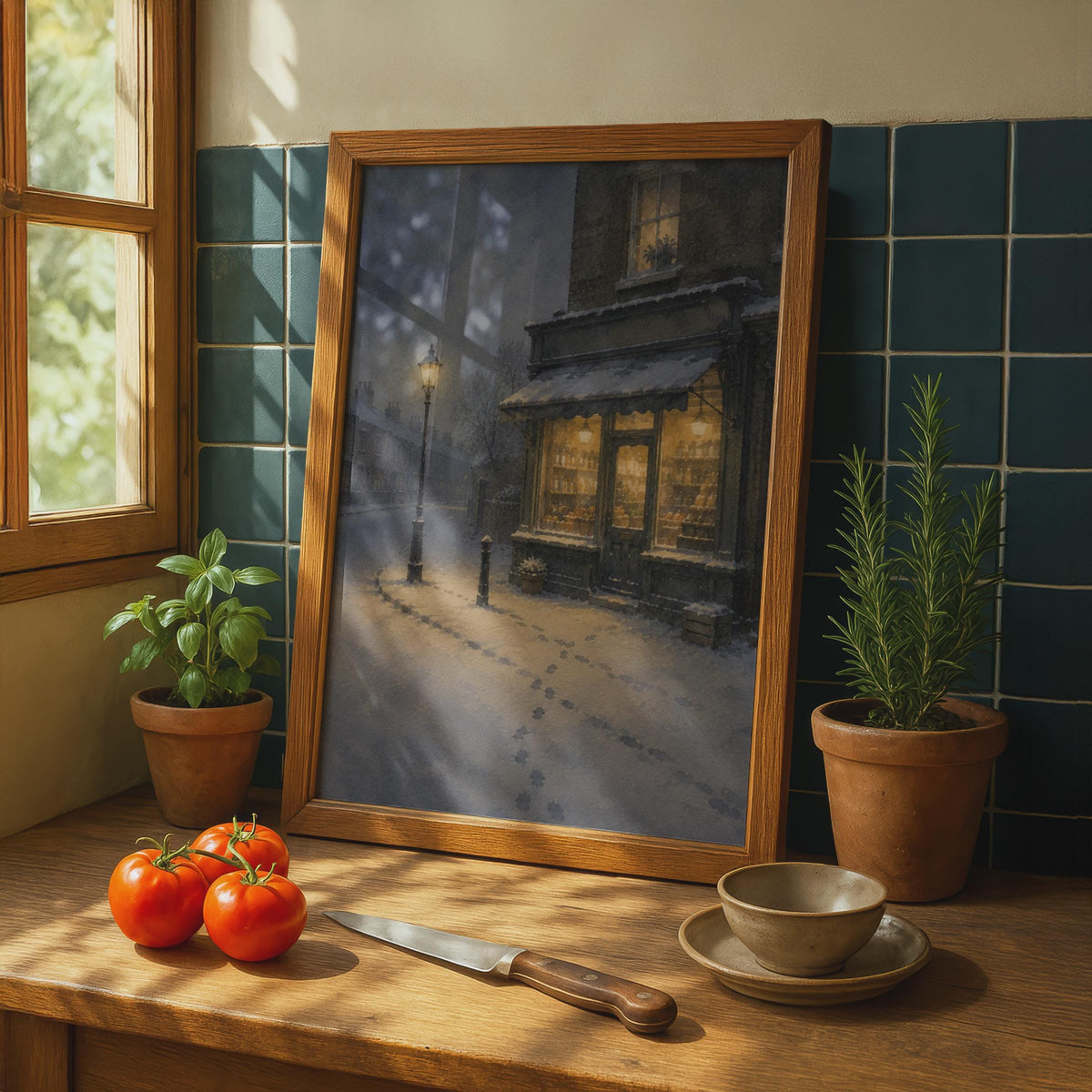 Victorian Winter Street Scene Poster, Snowy Corner Shop Watercolour Art (Living Room Decor)