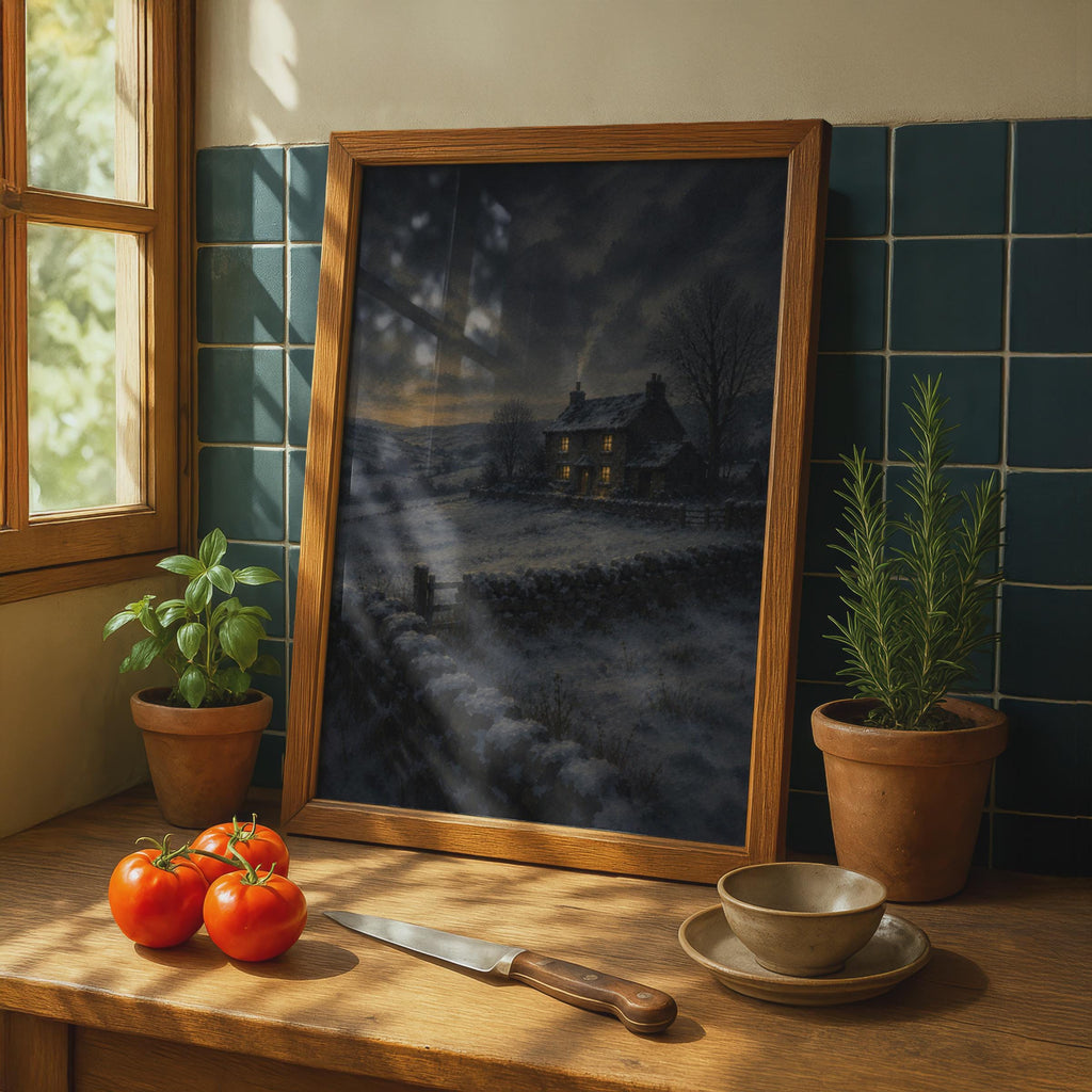 Moody Winter Cottage Poster, Snowy Night Farmhouse Wall Art, Oil Painting Style Print