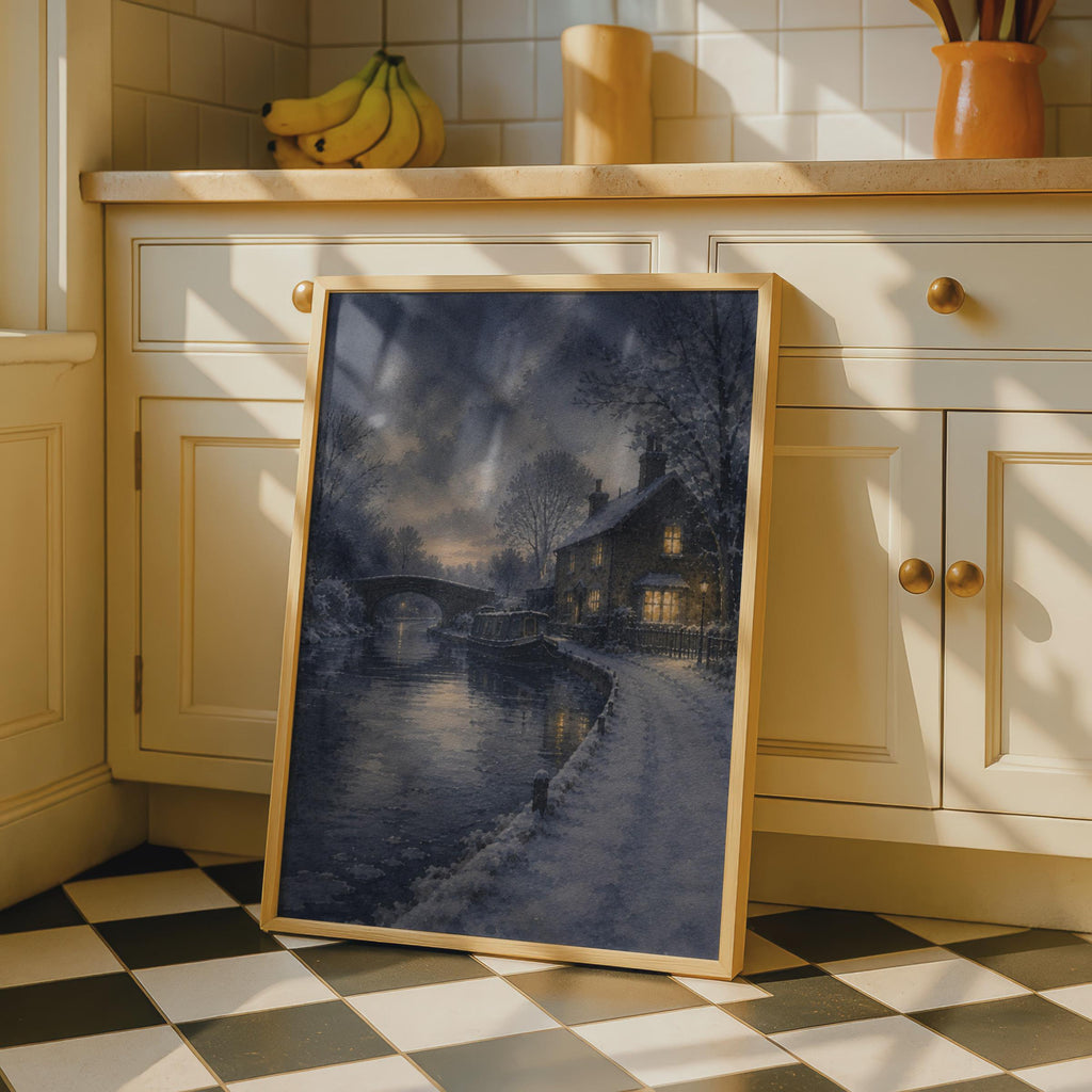 Winter Canal Narrowboat Watercolour Poster, Snowy Cottage Night Scene, English Countryside Wall Art