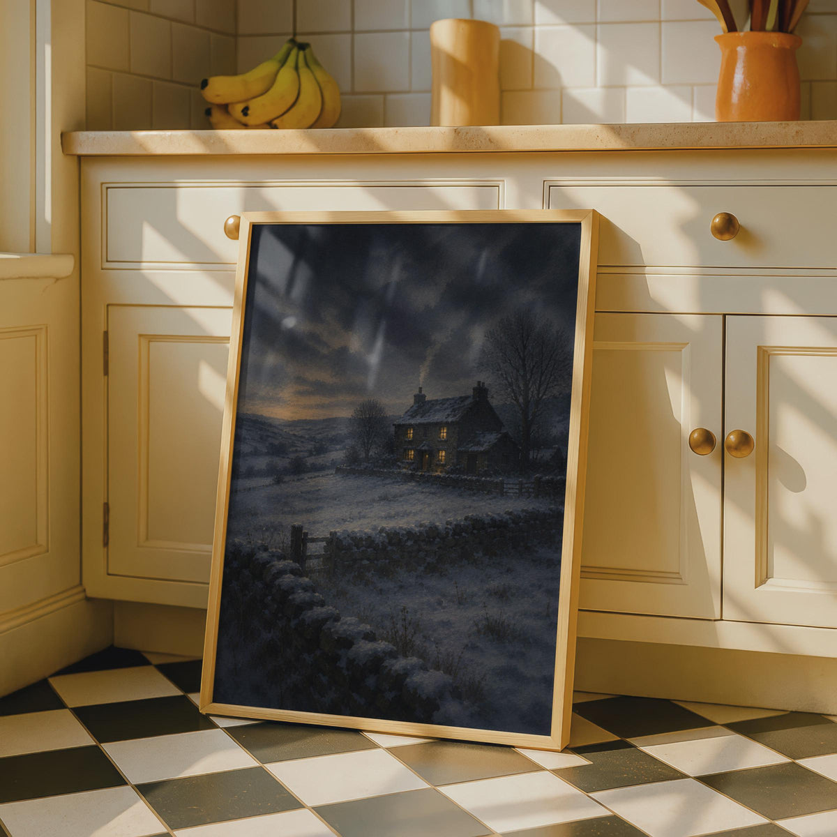 Moody Winter Cottage Poster, Snowy Night Farmhouse Wall Art, Oil Painting Style Print