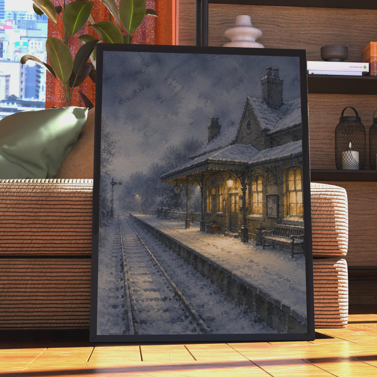 Victorian Railway Station Poster, Snowy Night Scene, Watercolour Style Wall Art