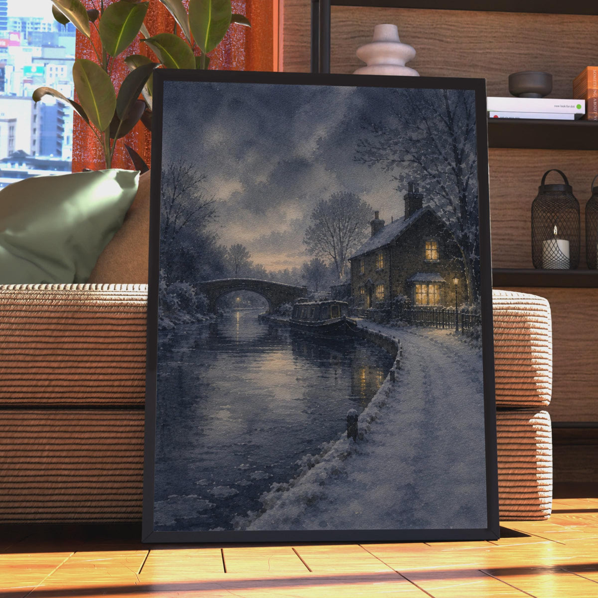 Winter Canal Narrowboat Watercolour Poster, Snowy Cottage Night Scene, English Countryside Wall Art