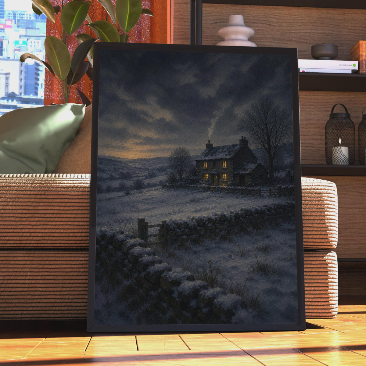 Moody Winter Cottage Poster, Snowy Night Farmhouse Wall Art, Oil Painting Style Print