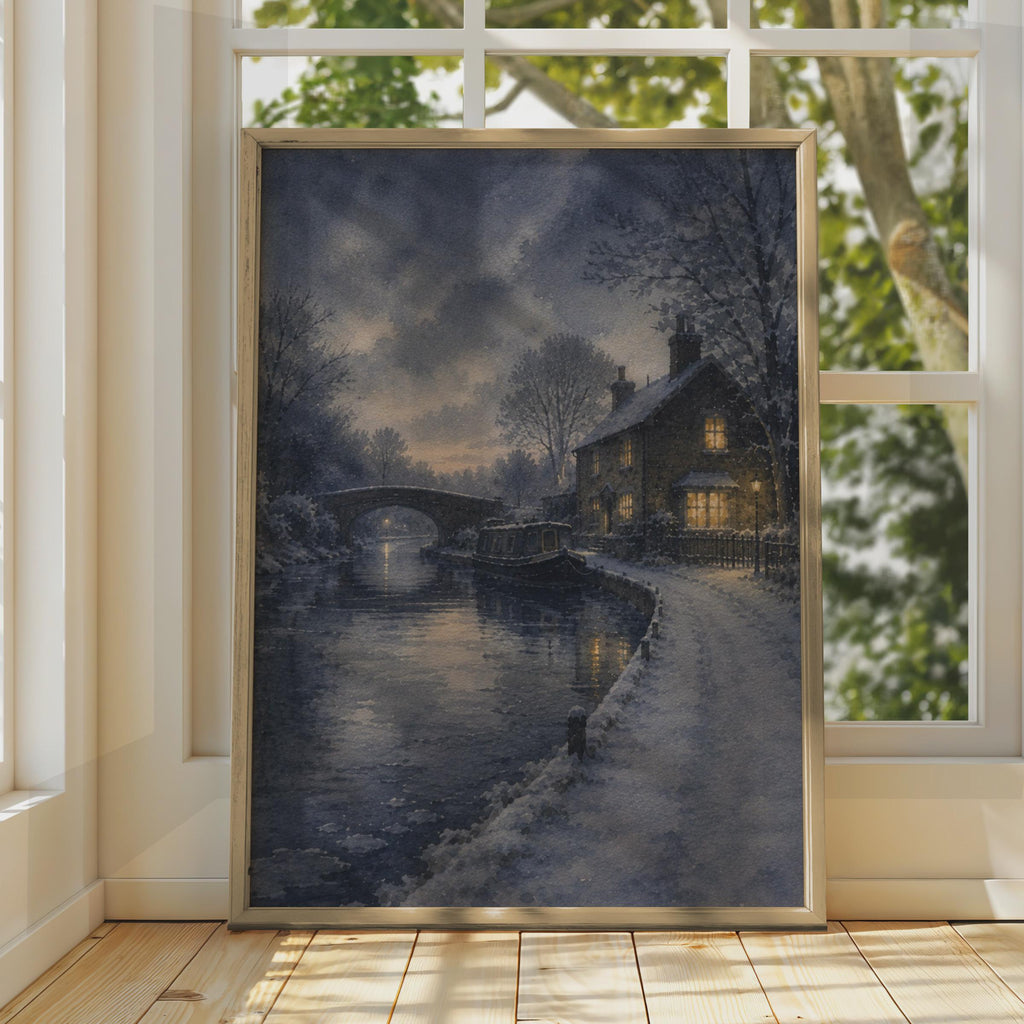 Winter Canal Narrowboat Watercolour Poster, Snowy Cottage Night Scene, English Countryside Wall Art