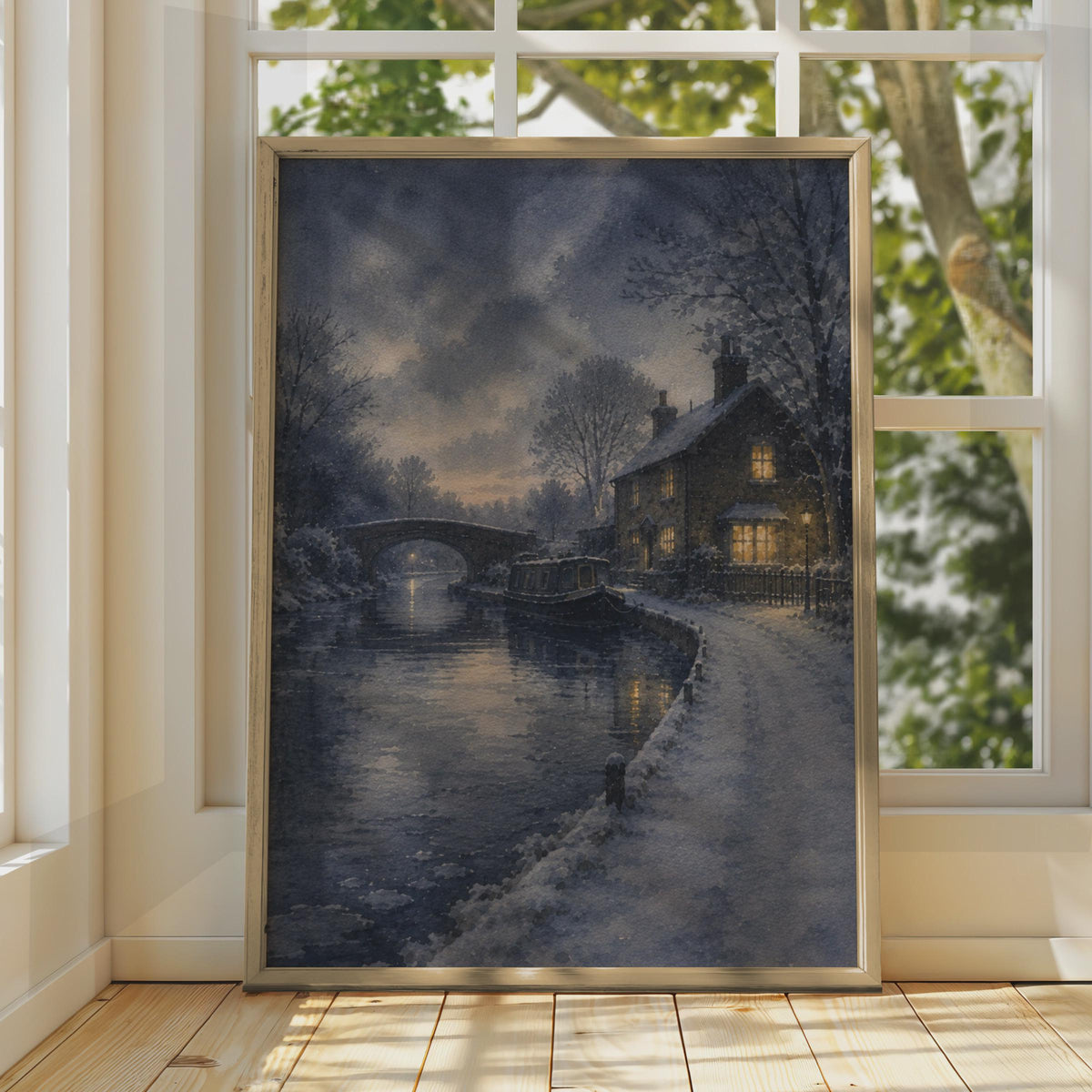 Winter Canal Narrowboat Watercolour Poster, Snowy Cottage Night Scene, English Countryside Wall Art