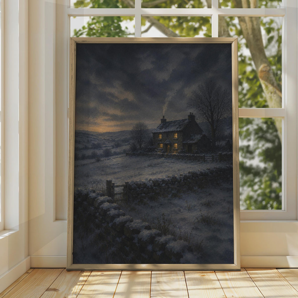 Moody Winter Cottage Poster, Snowy Night Farmhouse Wall Art, Oil Painting Style Print