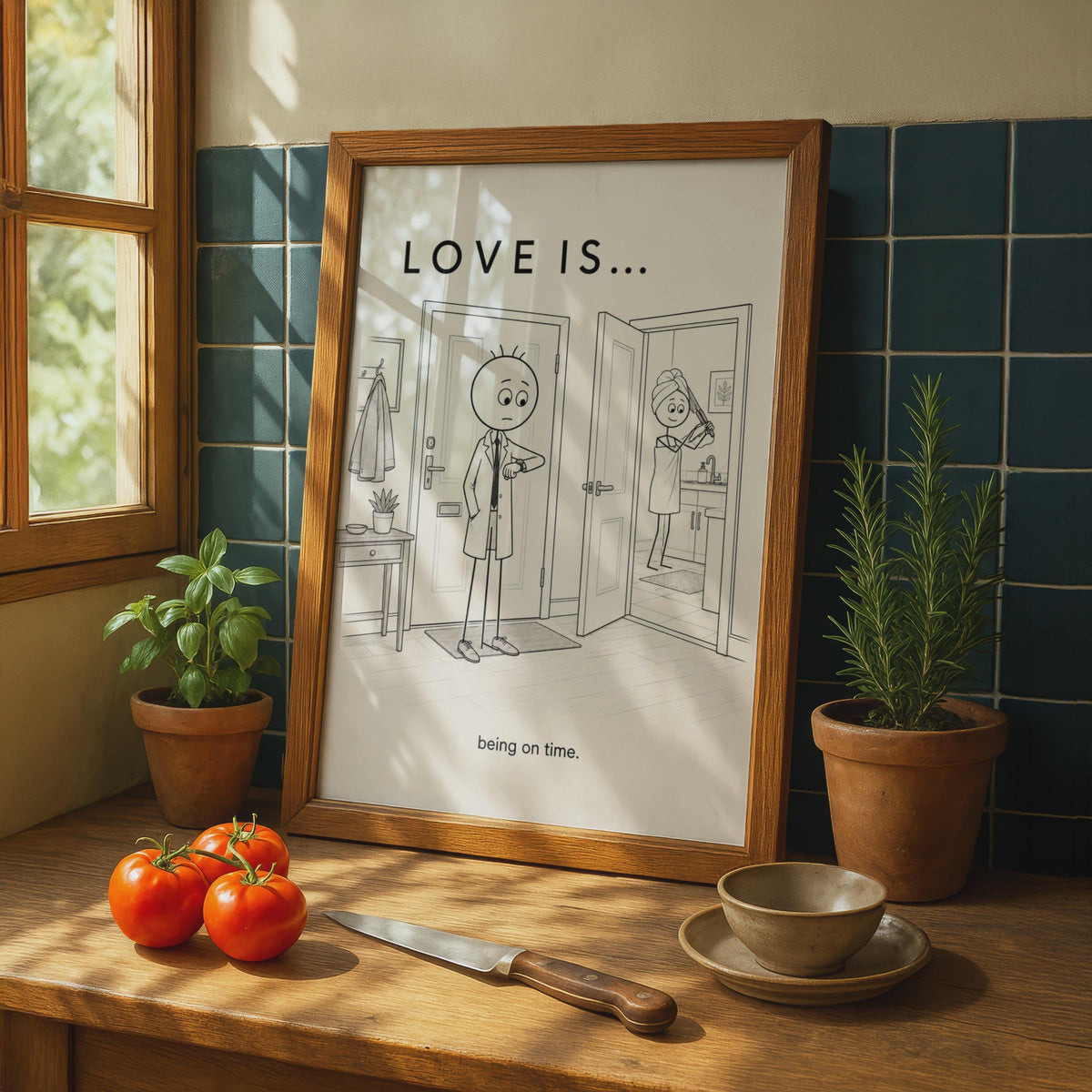 Love Is Being On Time Funny Couple Poster, Humorous Relationship Wall Art Gift