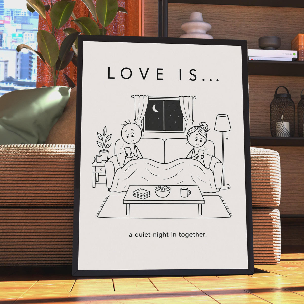 Love Is A Quiet Night In Together Poster, Couple Line Art, Cosy Home Wall Art