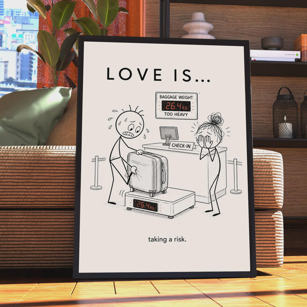 Love Is Taking a Risk Funny Airport Poster, Couple Travel Humour Wall Art Gift