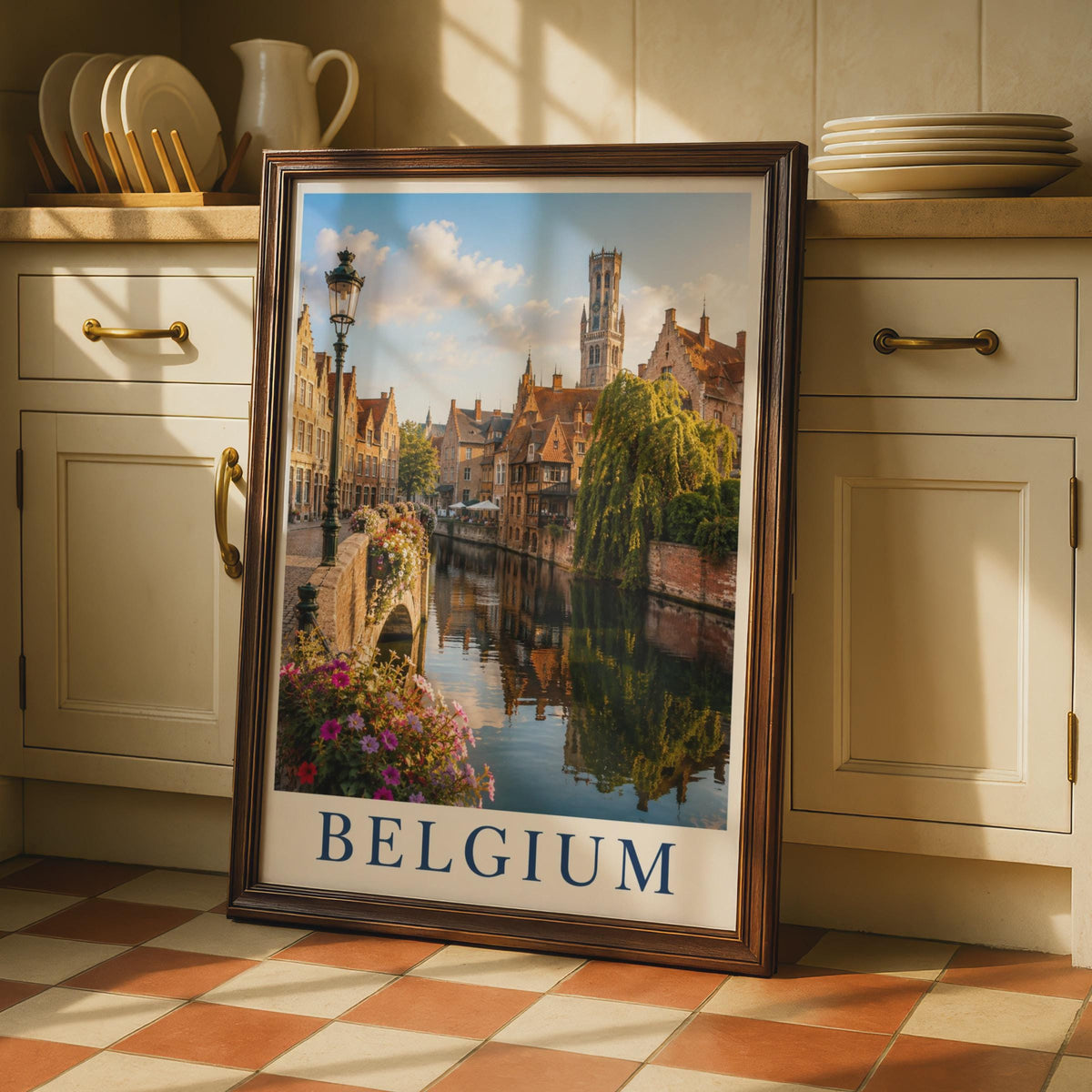 Belgium Bruges Canal Travel Poster, Belfry Tower Wall Art, European City Print