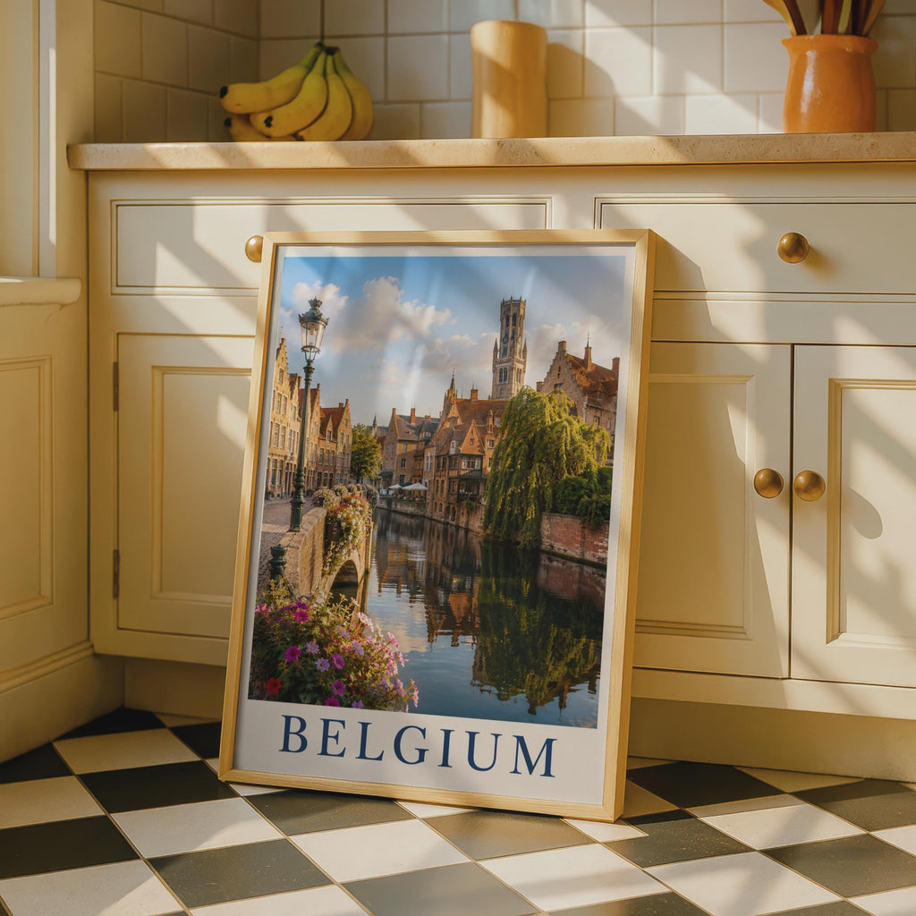 Belgium Bruges Canal Travel Poster, Belfry Tower Wall Art, European City Print