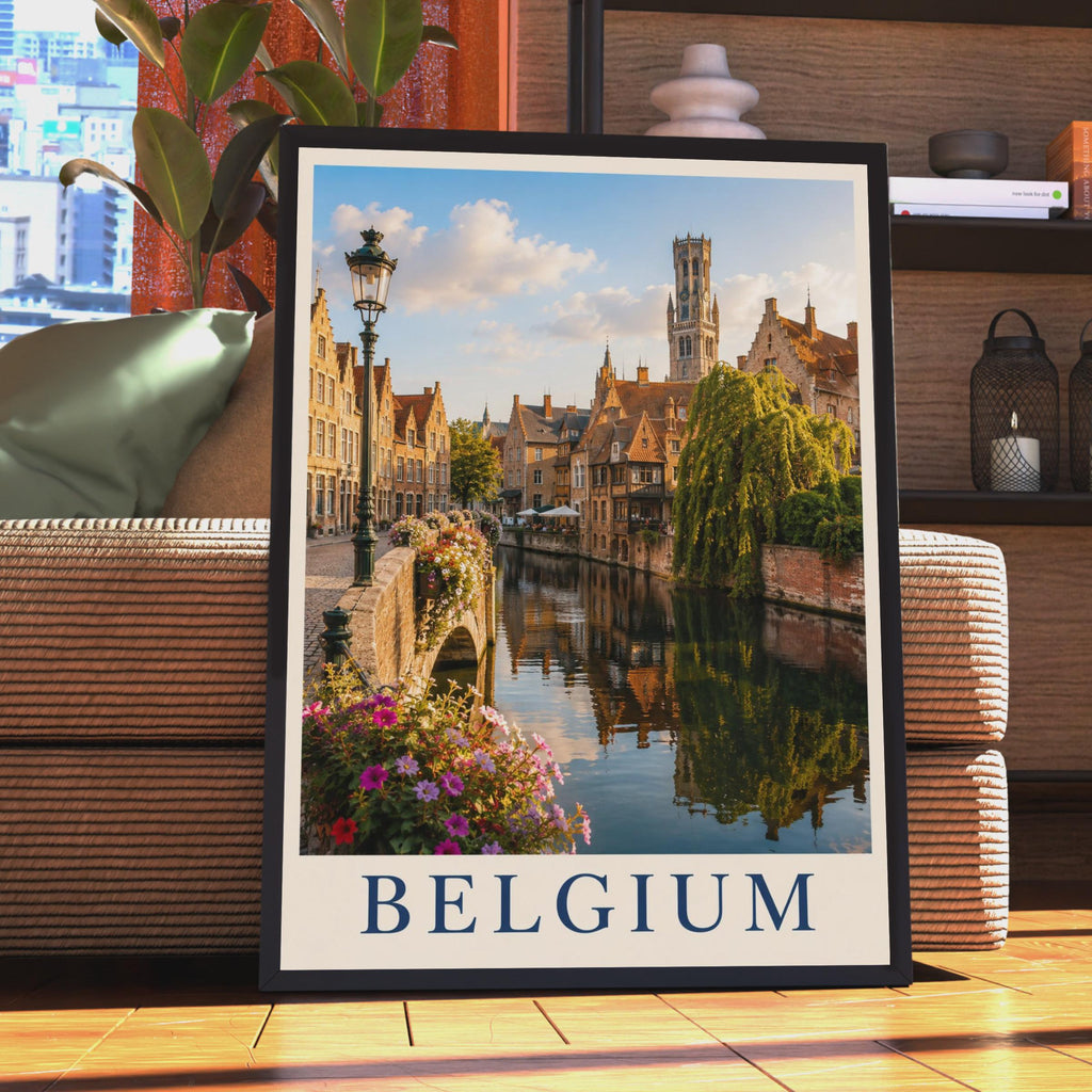 Belgium Bruges Canal Travel Poster, Belfry Tower Wall Art, European City Print