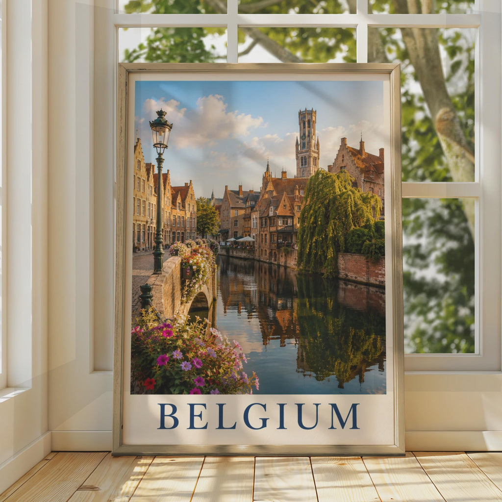 Belgium Bruges Canal Travel Poster, Belfry Tower Wall Art, European City Print